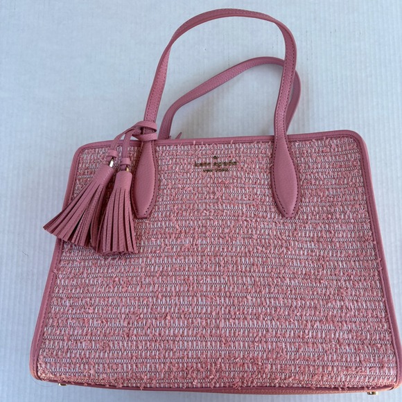 kate spade Handbags - Kate Spade Rowe Summer Tweed Pink Raffia Leather Medium Satchel Bag NEW
